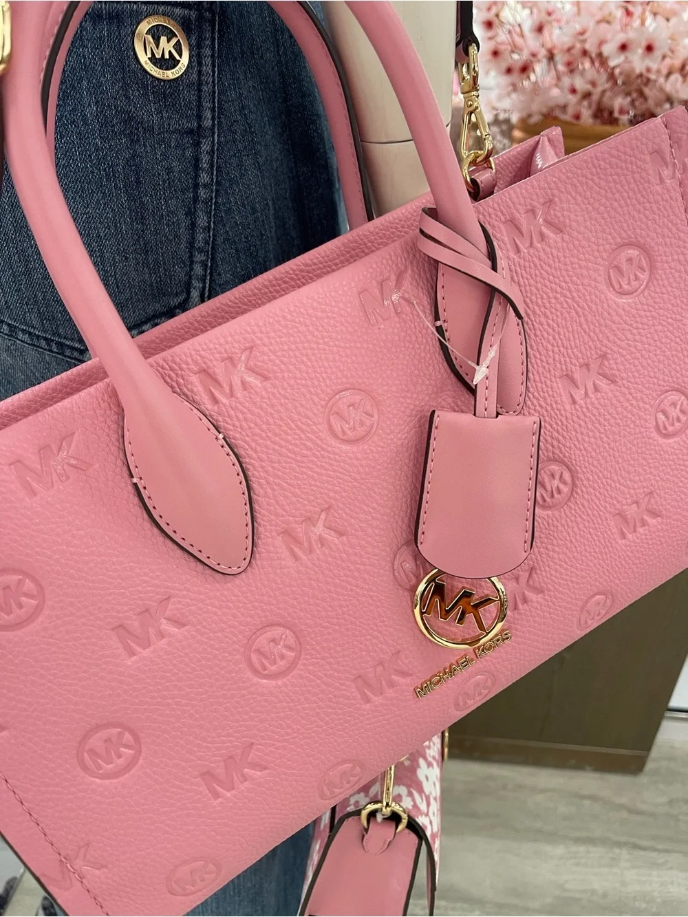 MICHAEL KORS Mirella Md EW Top Zip Logo Debossed Satchel Shoulder Carnation NWT